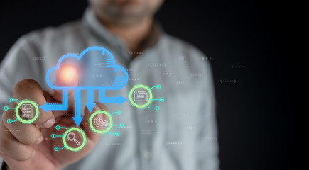 Businessmen connecting to databases on the cloud virtual, ecosystems cloud computing, data center organization, efficiently management data, document management systems online concept.