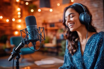 Joyful Woman Recording Podcast in Cozy Studio with Microphone and Headphones