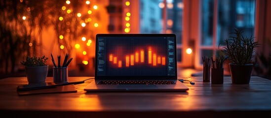 Obraz premium Laptop displaying financial chart at night.