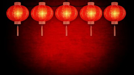 Obraz premium Festive Red Lanterns Illuminated Against Dark Red Background
