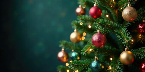 Evergreen Christmas tree with multicolored balls and twinkling lights, christmas tree, ornaments