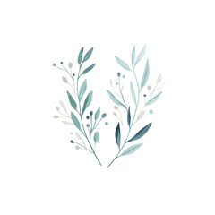 Watercolor Teal Green Botanical Branches Leaves Design Element for Wedding Invitations Cards