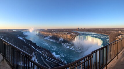 Niagara Falls winter panorama, scenic view, mist, frozen river, cityscape background, travel photography