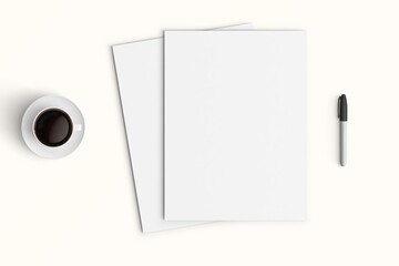 Modern workspace with  copy space on white color background. Top view with copy space. Flat lay style. Minimal blank  mockup.