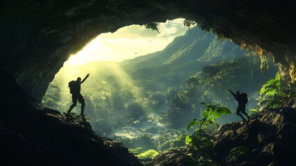 Obraz premium Adventurers Exploring a Sunlit Jungle Cave