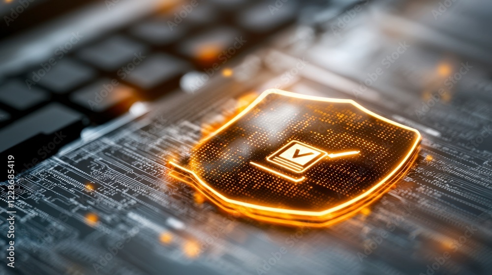 Poster digital security shield icon on keyboard background representing cyber protection and data safety co