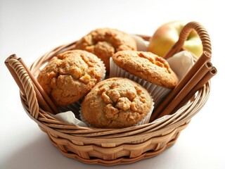 homemade muffin with cinnamon sticks and apples in a wooden basket on a light background, raisin, apple