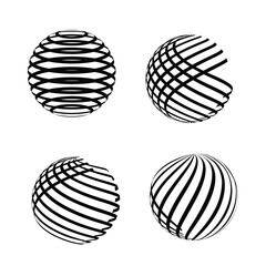 Set of Striped 3D sphere. Spherical shape with concentric black and white circles pattern. Orb surface. Globe figure isolated on white background. Vector circles of lines