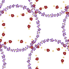 Circles of wild flowers seamless pattern. Botanical texture with real pressed dried flowers on white background.
