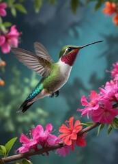 Naklejka premium Hummingbird perched on a branch with vibrant flowers, nature, bird