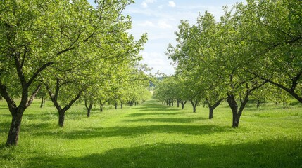 Fototapeta premium Symmetrical Orchards: Lush Farmland Horizon Cinematic View