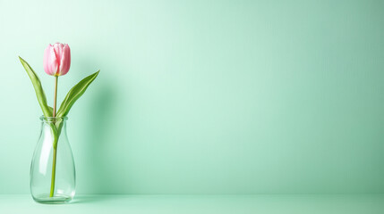 clear glass vase with pink tulip on pastel green background