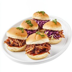 A plate of gourmet sliders with pulled pork and coleslaw, isolated white background, surrealism art style