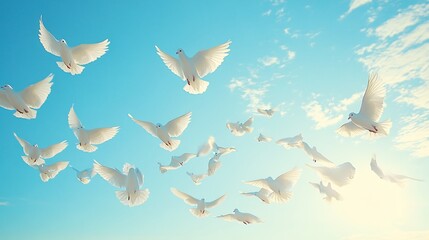 Obraz premium White doves soar gracefully in bright sunlight a peaceful serene flight. AI Generated