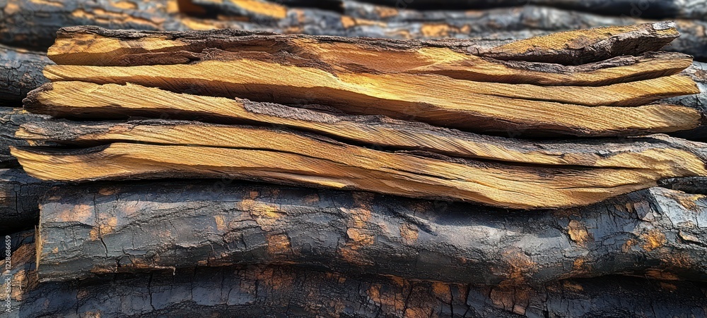 Poster close-up view of rustic stacked logs with natural texture and organic forms