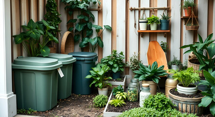 Fototapeta premium A sustainable garden with compost bins, reusable jars, bamboo straws, and cloth bags, surrounded by lush greenery, symbolizing the principles of zero waste living and eco-friendly choices.