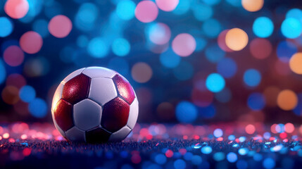 Naklejka premium A vibrant soccer ball resting on a dazzling background of lights.