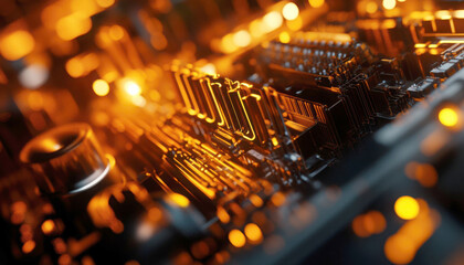 Close-up of a circuit board with glowing orange elements.