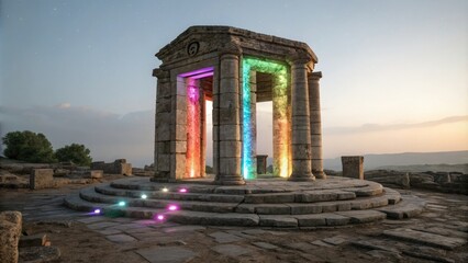 Fototapeta premium Luminous colors emanating from an ancient stone structure with a glowing portal, iridescent glow, luminous colors, radiant energy, magical aura