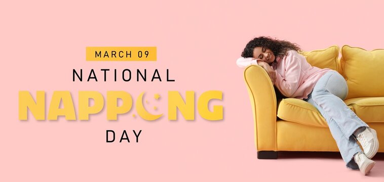 Banner for National Napping Day with sleeping African-American woman