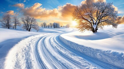 Winter wonderland sunset landscape with snow covered road and tree.