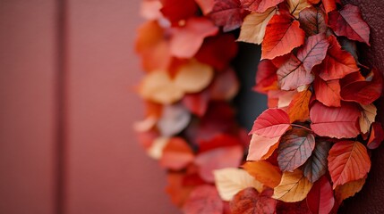 Vibrant Autumn Wreath Warmly Hues Red Door Background. AI Generated