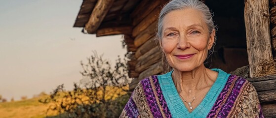 Fototapeta premium Serene Elderly Woman Smiling near Rustic Wooden House