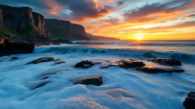 Dramatic coastal sunset with crashing waves and rugged cliffs at golden hour
