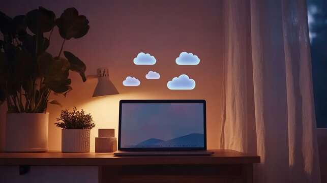 A laptop with a blank screen sits on a desk next to plants and a lamp, with glowing cloud icons overhead, creating a cozy and modern workspace ideal for cloud computing and remote work.