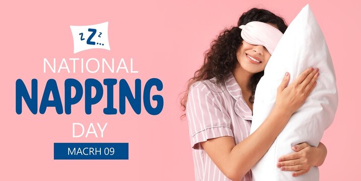 Banner for National Napping Day with young African-American woman in pajamas holding pillow