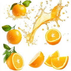 Fresh oranges splashing juice, white background, healthy food, advertising