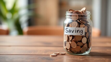 Glass jar filled with coins, labeled "Savings." The jar is placed on a wooden surface, and some coins are scattered around it.