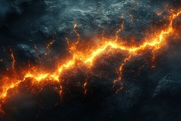 Fiery Crack in Dark Rocky Wall with Flames and Chiaroscuro Lighting