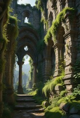 Fototapeta premium Overgrown with vines and moss the stone walls of the abbey, rural scenery, ivy-covered