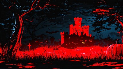 Spooky Halloween Night  Red Castle  Pumpkins  Bats Illustration