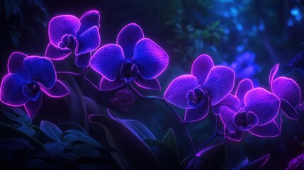 Night blooming orchids, vibrant purple glow, lush foliage background, nature scene, website banner