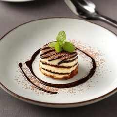 Elegant Dessert Presentation with Chocolate Sauce and Mint Leaf