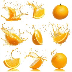 Fresh orange juice splash collage, studio shot, white background, packaging design