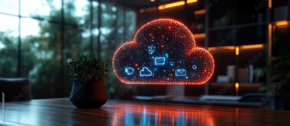 Poster glowing cloud computing data icon on table.