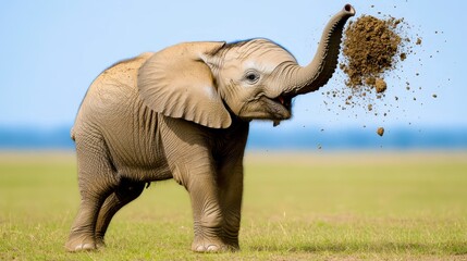 Obraz premium Playful Baby Elephant Tossing Dirt in a Sunny Meadow Landscape
