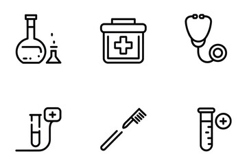 Medical Line Icons Set – Lab Glassware, Pharmacy, Stethoscope, Test Tube, Toothbrush, Blood Sugar Test