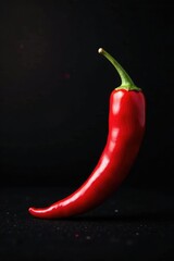 A single chilli pepper against a dark and velvety black background with red highlights, red, velvet, black