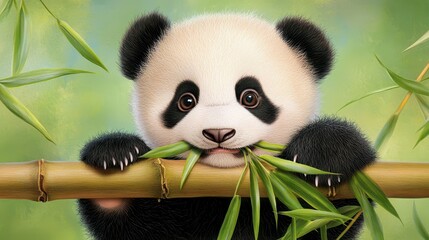 Obraz premium Cute Baby Panda Eating Bamboo in a Lush Green Setting