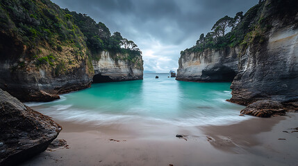 cove with calm turquoise water surrounded by dramatic rock formations 