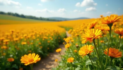Obraz premium Field of Calendula flowers in a field with a winding path, calendula flower, petals