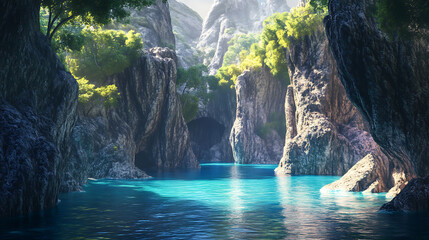 cove with calm turquoise water surrounded by dramatic rock formations 