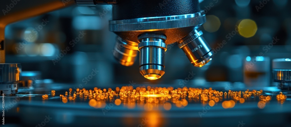 Poster microscope focused on illuminated particles.