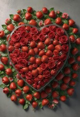 Heart-shaped container filled with roses and strawberries, tasty, lush, lovely, arrangement, colorful