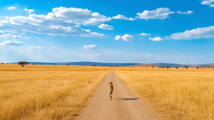 Obraz premium Dog Walking Down a Dusty Path in a Golden Grassland Under Blue Sky