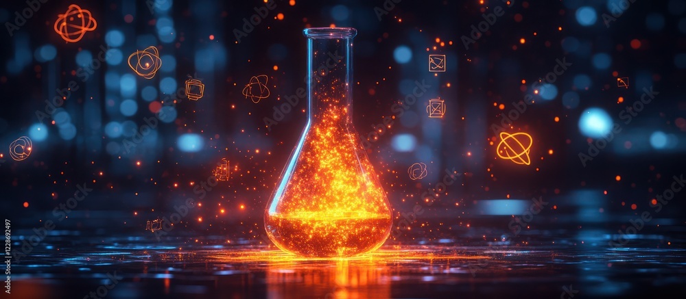 Poster glowing flask with fiery liquid and particles.